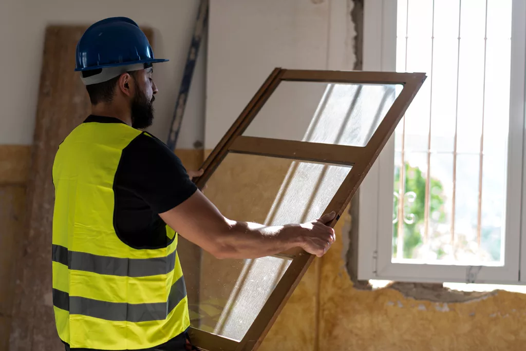 Construction worker replaces old shuttered windows with thermally broken windows