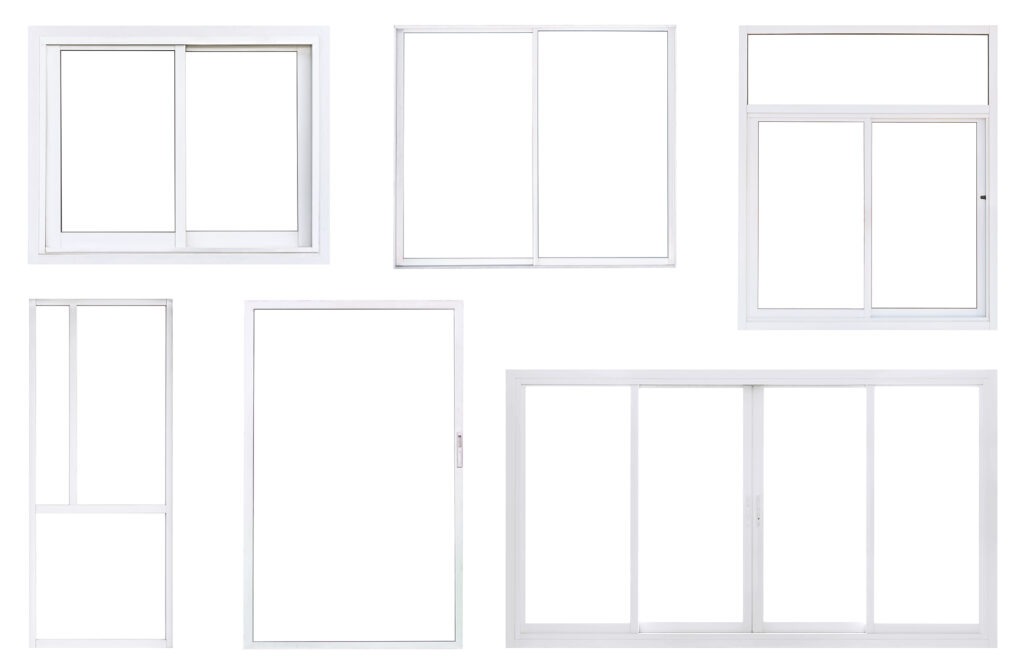 Real modern office window frame set isolated on white background, double pvc panes in various type for interior design element