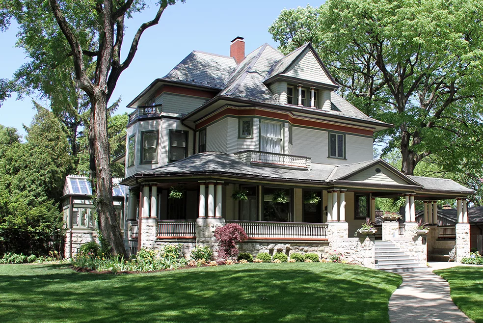 Attractive architecture and front porch on this upscale home in Oak Park, Illinois, where Frank Lloyd Wright worked