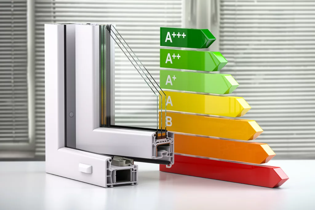 Plastic windows profile PVC and energy efficiency chart. 3d illustration